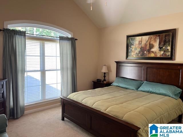 bedroom featuring light carpet and vaulted ceiling