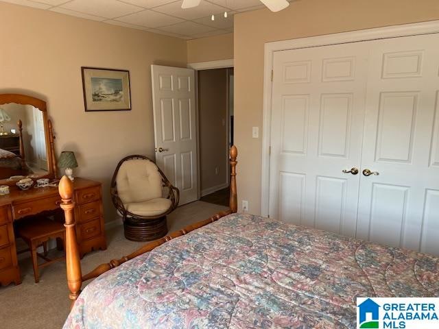 bedroom featuring a drop ceiling, carpet flooring, a closet, and ceiling fan