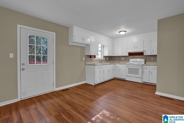 kitchen with white cabinetry, electric stove, wood-type flooring, and decorative backsplash