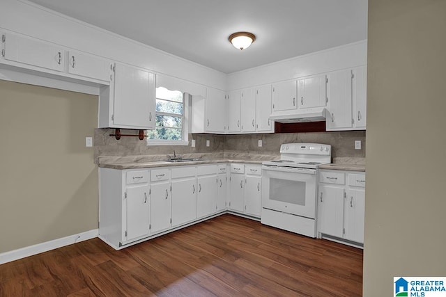 kitchen featuring white cabinets, white electric stove, backsplash, and dark hardwood / wood-style floors