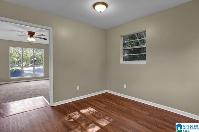 spare room with wood-type flooring and ceiling fan