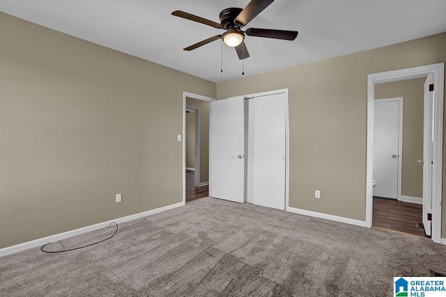 unfurnished bedroom featuring a closet, ceiling fan, and carpet floors