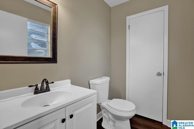 bathroom with vanity, wood-type flooring, and toilet