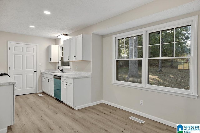 kitchen featuring light hardwood / wood-style floors, white cabinets, a healthy amount of sunlight, and sink