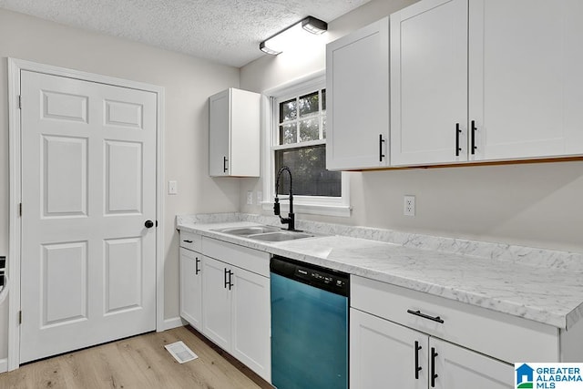 kitchen featuring sink, light wood-type flooring, stainless steel dishwasher, white cabinets, and a textured ceiling