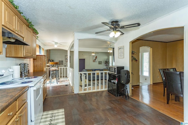 405 Depot St, Columbiana, AL 35051 - kitchen with white range with electric cooktop, ceiling fan, under cabinet range hood, arched walkways, and stainless steel microwave