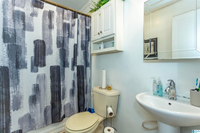 bathroom with curtained shower, sink, and toilet