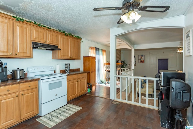 kitchen featuring ceiling fan, dark hardwood / wood-style floors, a textured ceiling, white range with electric cooktop, and crown molding