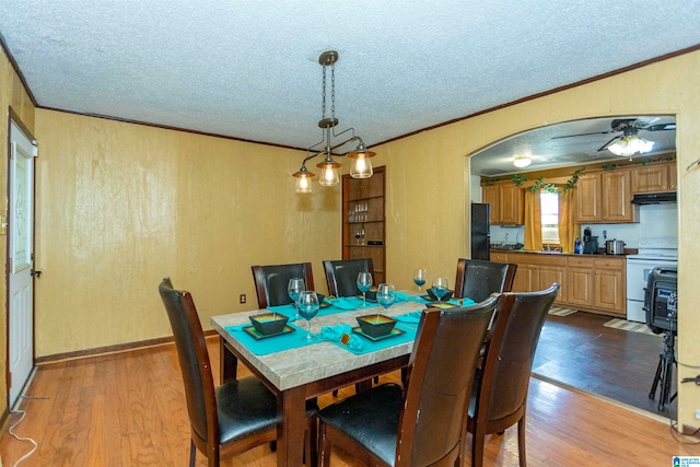 dining room with ornamental molding, light wood-type flooring, a textured ceiling, and ceiling fan