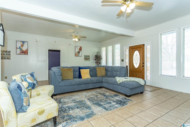 405 Depot St, Columbiana, AL 35051 - living area featuring a ceiling fan, light tile patterned flooring, beam ceiling, and baseboards
