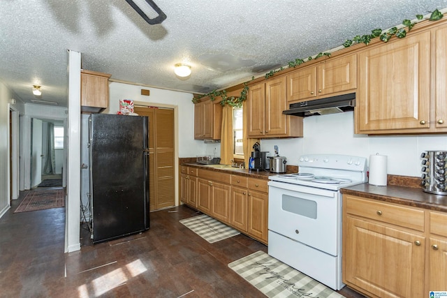 405 Depot St, Columbiana, AL 35051 - kitchen featuring white electric range oven, under cabinet range hood, freestanding refrigerator, dark countertops, and a textured ceiling