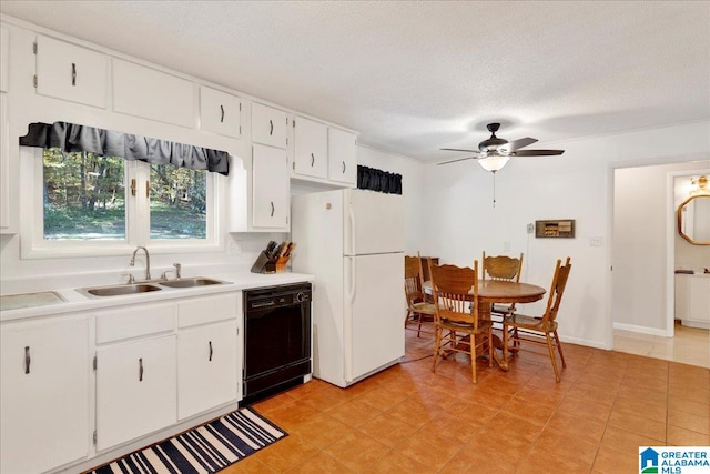 kitchen with black dishwasher, sink, white cabinetry, ceiling fan, and white fridge