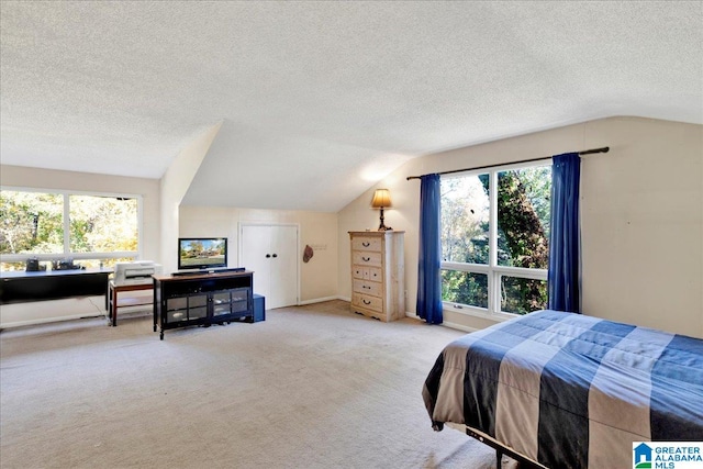 carpeted bedroom featuring a textured ceiling, vaulted ceiling, and multiple windows