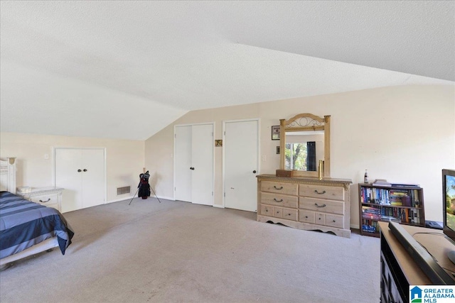 bedroom featuring lofted ceiling, a textured ceiling, and carpet