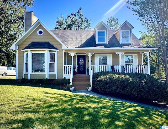 cape cod home featuring covered porch and a front lawn