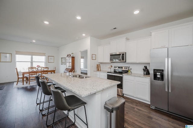 kitchen featuring appliances with stainless steel finishes, white cabinetry, dark wood-type flooring, and an island with sink