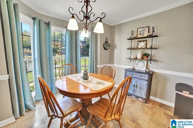 dining room with an inviting chandelier, crown molding, and a textured ceiling