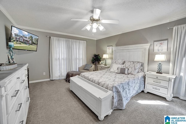 carpeted bedroom with crown molding, a textured ceiling, multiple windows, and ceiling fan