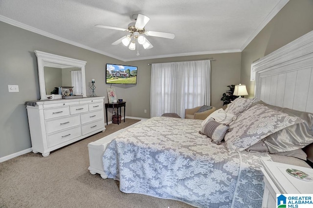 carpeted bedroom with ornamental molding, a textured ceiling, and ceiling fan