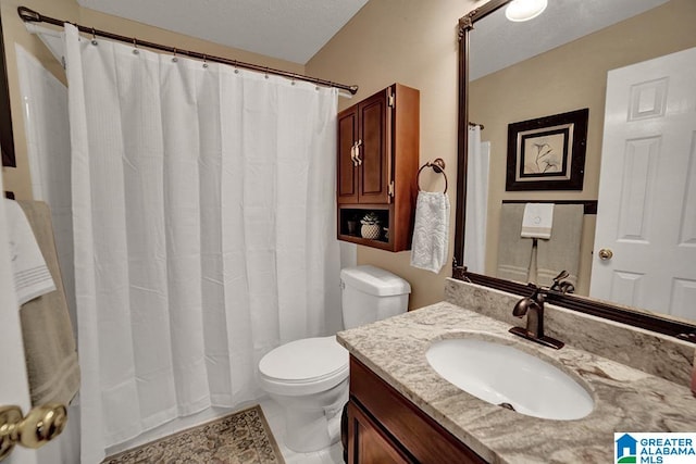 bathroom featuring vanity, a shower with shower curtain, toilet, and tile patterned floors