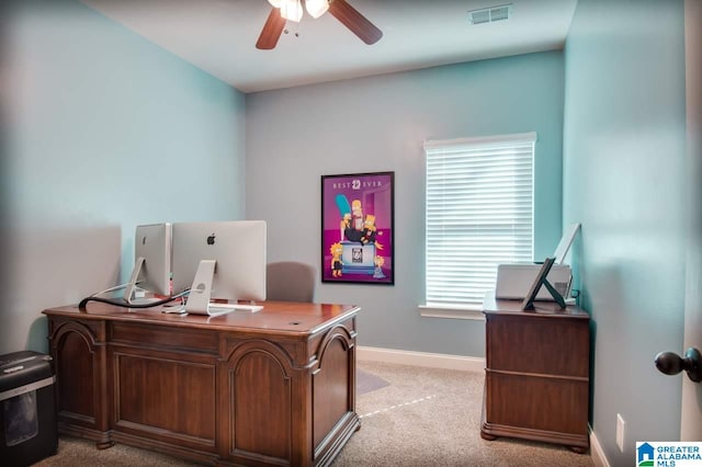 office area with ceiling fan and light colored carpet