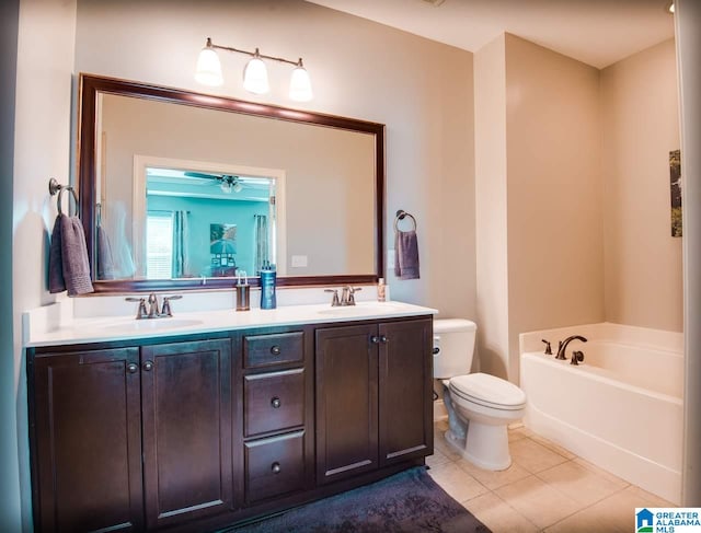 bathroom featuring a washtub, toilet, ceiling fan, vanity, and tile patterned flooring