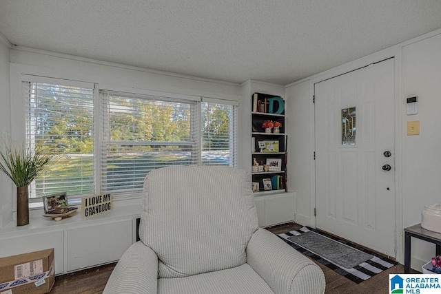 living area featuring a textured ceiling, dark hardwood / wood-style flooring, and plenty of natural light