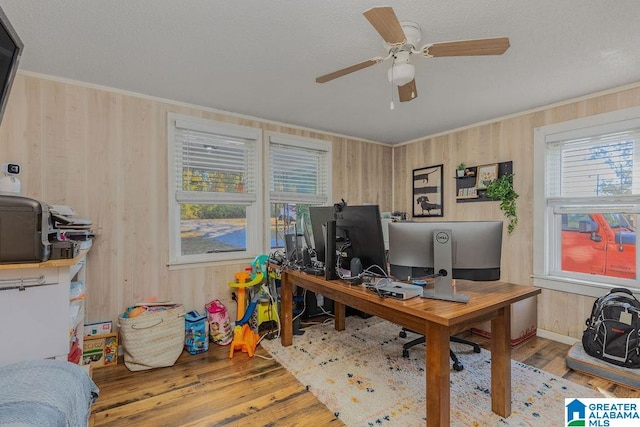 home office with wooden walls, light wood-type flooring, and ceiling fan