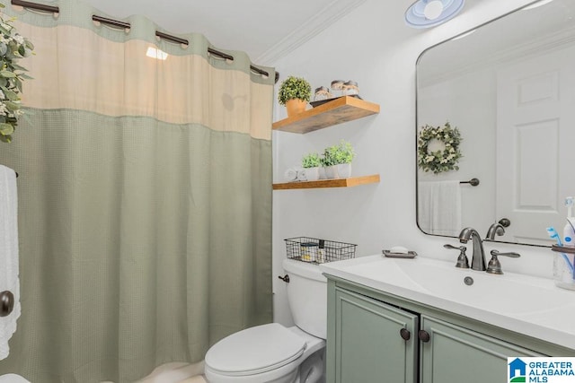 bathroom featuring vanity, a shower with curtain, ornamental molding, and toilet