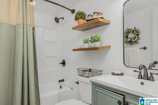 full bathroom with toilet, ornamental molding, vanity, and shower / tub combo