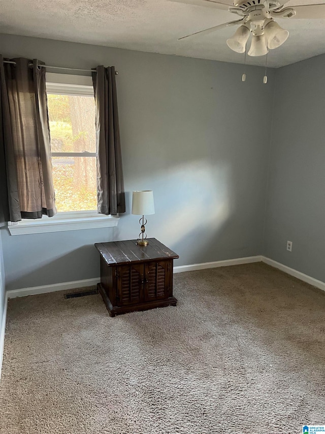 spare room with ceiling fan, a textured ceiling, and carpet floors