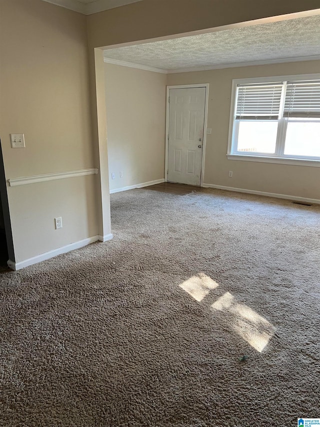 spare room with carpet, a textured ceiling, and ornamental molding