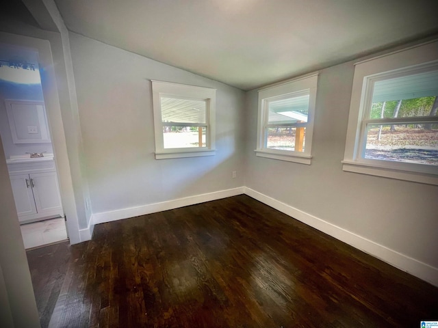 empty room featuring dark hardwood / wood-style flooring, vaulted ceiling, and a healthy amount of sunlight