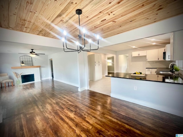 kitchen with sink, wooden ceiling, light hardwood / wood-style floors, and white cabinets