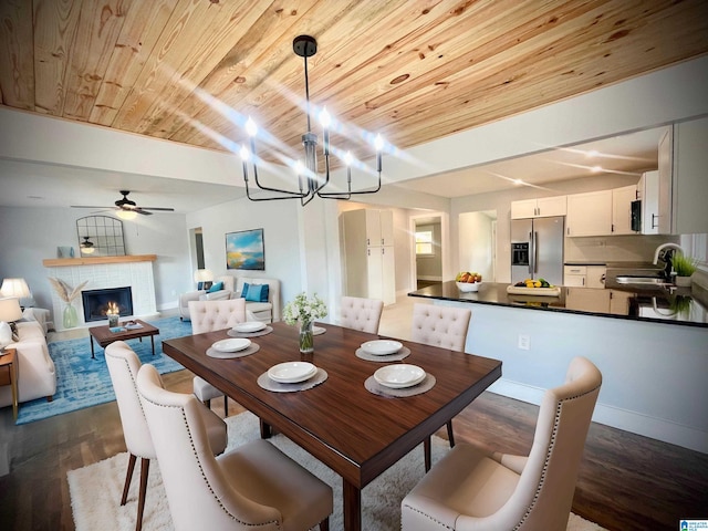 dining space with wood ceiling, sink, dark hardwood / wood-style floors, and ceiling fan with notable chandelier