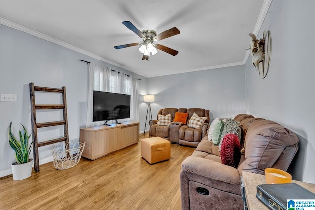 living room with light hardwood / wood-style floors, crown molding, and ceiling fan