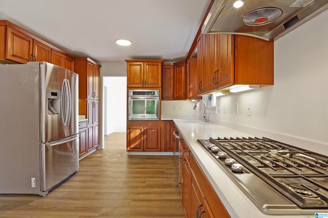 kitchen with light hardwood / wood-style floors, extractor fan, stainless steel appliances, and sink