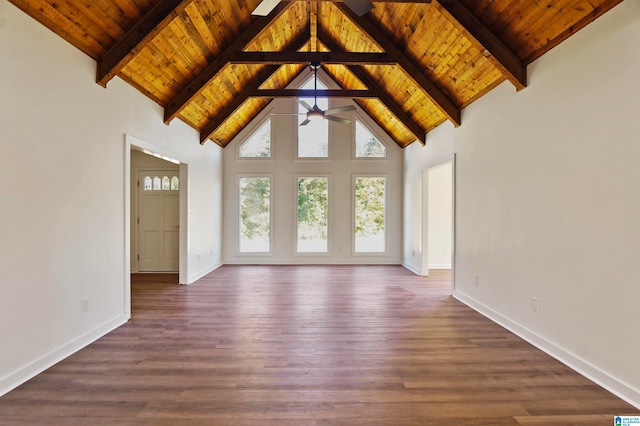 unfurnished living room featuring ceiling fan, wooden ceiling, beamed ceiling, and dark hardwood / wood-style floors