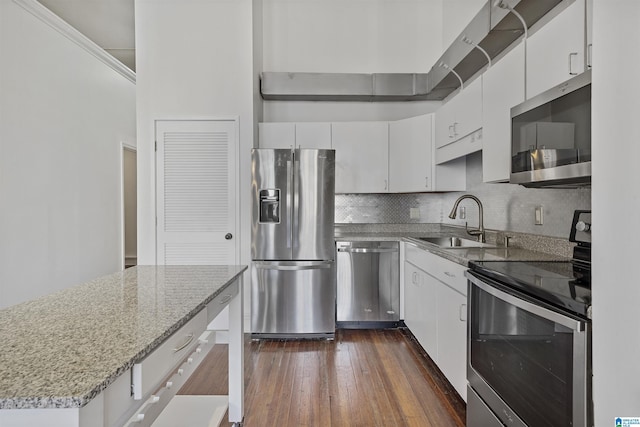 kitchen featuring a sink, backsplash, white cabinetry, appliances with stainless steel finishes, and dark wood finished floors