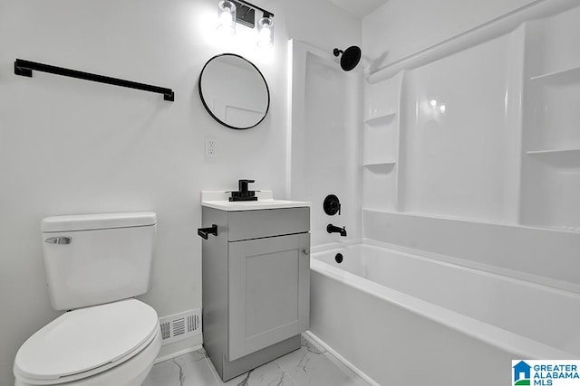 full bathroom with toilet, shower / washtub combination, and vanity