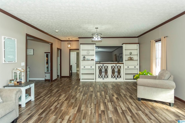 living room featuring ornamental molding, a textured ceiling, and dark hardwood / wood-style floors