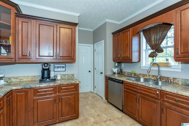 kitchen with sink, a textured ceiling, light stone counters, stainless steel dishwasher, and crown molding