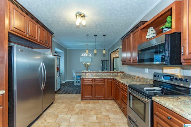 kitchen with kitchen peninsula, light stone counters, a textured ceiling, pendant lighting, and stainless steel appliances