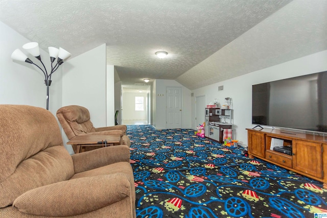 carpeted living room featuring lofted ceiling and a textured ceiling