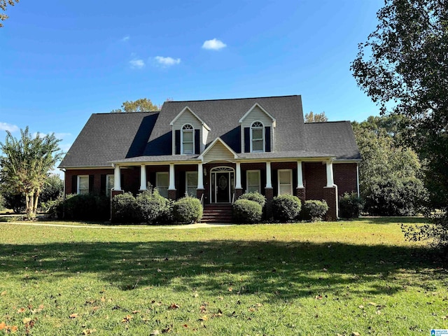 cape cod home with covered porch and a front yard