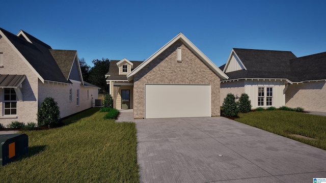 view of front facade featuring a front lawn, central AC, and a garage