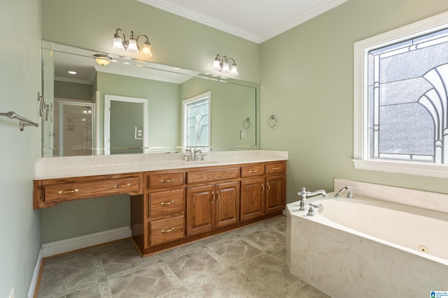 bathroom with vanity, crown molding, a healthy amount of sunlight, and shower with separate bathtub