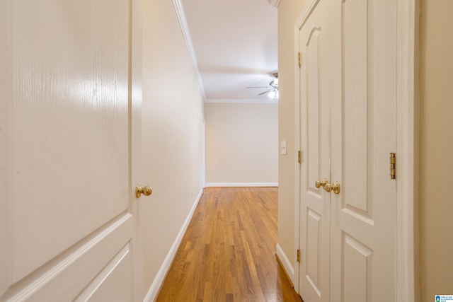 hallway with crown molding and wood-type flooring