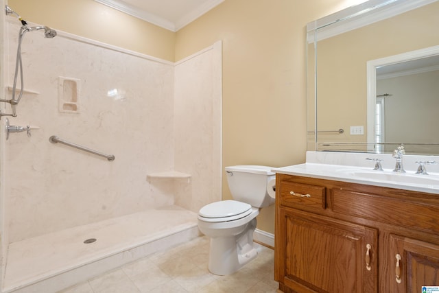 bathroom with toilet, crown molding, vanity, and a shower