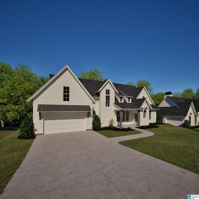 view of front of home featuring a garage and a front lawn